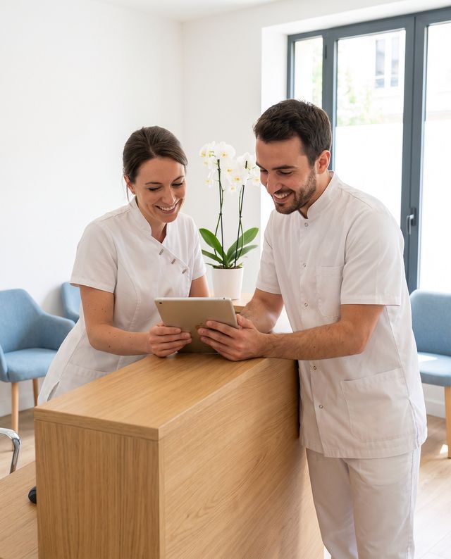 Une assistante et un dentiste regardent une tablette à l'accueil