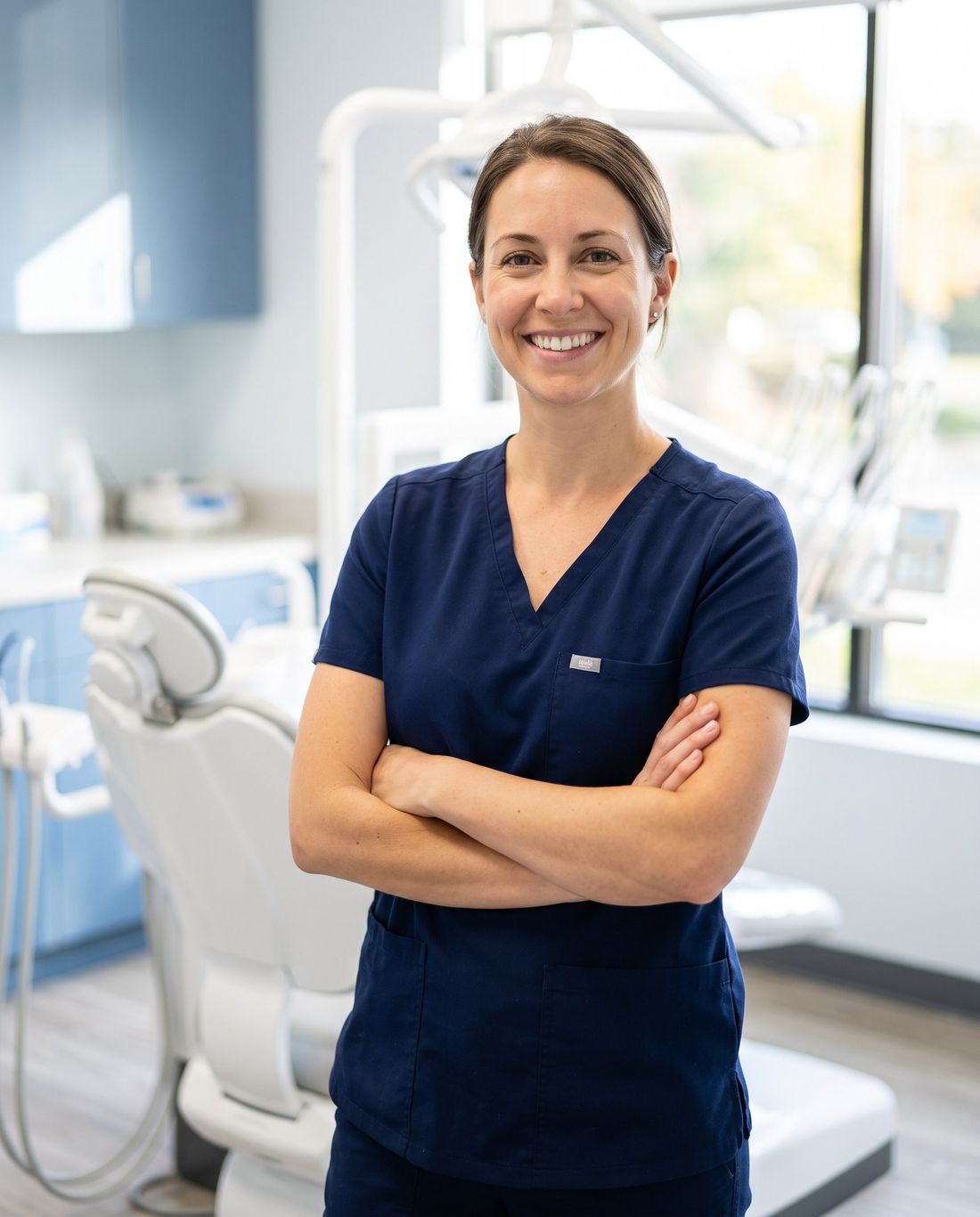 Une chirurgienne-dentiste souriante dans son cabinet