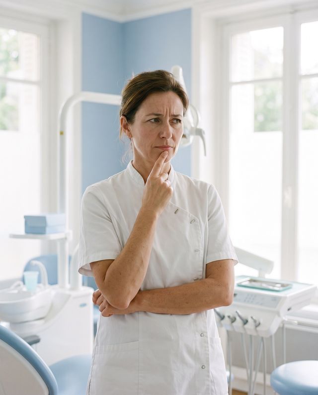 Une dentiste réfléchit, bras croisés, dans son cabinet