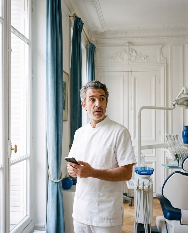 Un dentiste regarde son téléphone, étonné