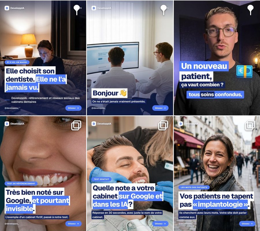 Publications du compte Instagram de DeveloppIA : des photos de dentistes et de patients, titres en encadrés blancs et bleus
