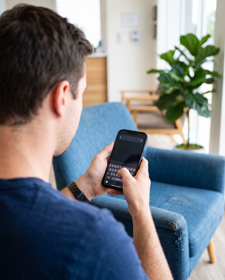 Un patient cherche un dentiste sur son téléphone, dans une salle d'attente