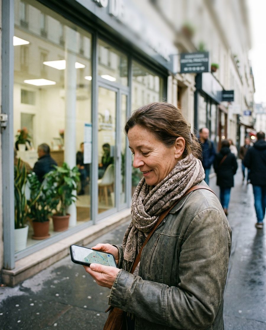 Une patiente cherche un cabinet dentaire sur son téléphone