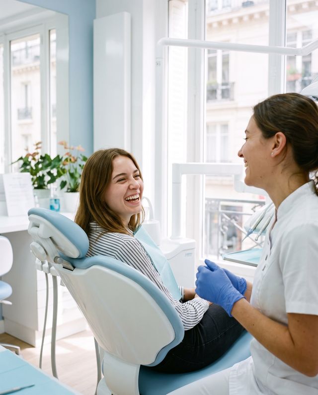 Une patiente rit pendant son rendez-vous chez la dentiste