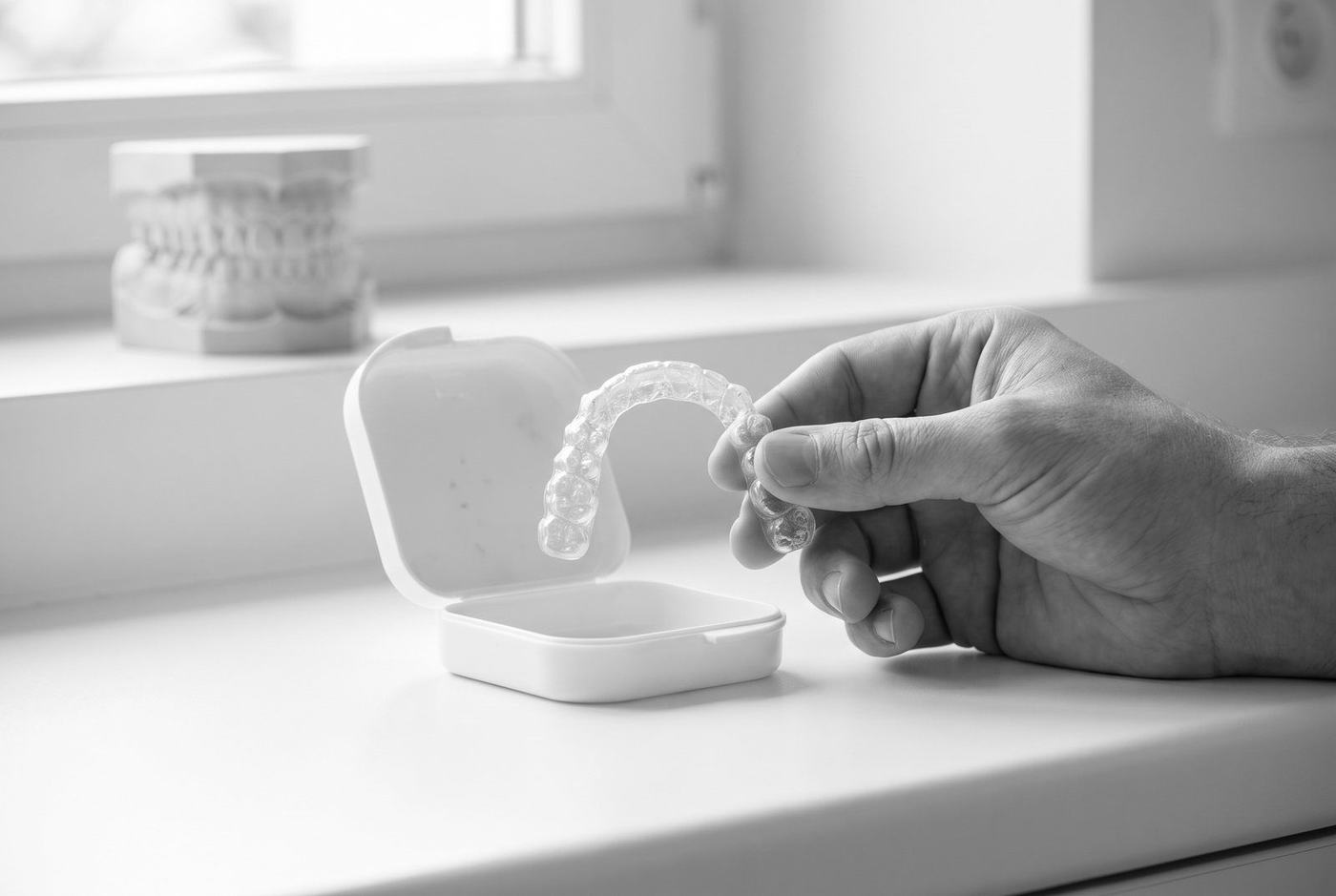 Une main tient une gouttière transparente à côté de sa boîte