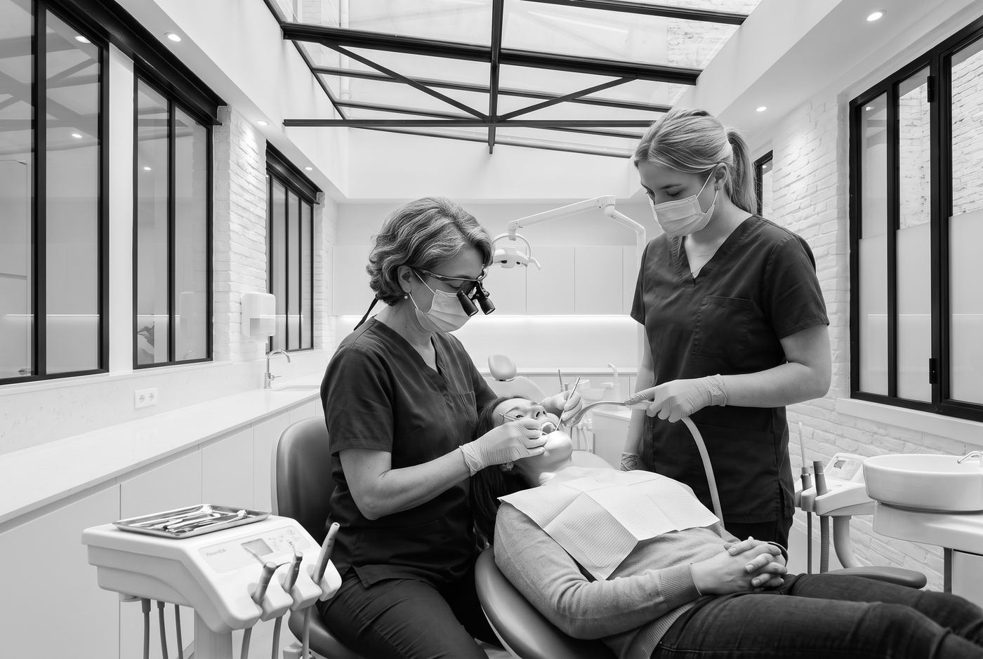 Le Dr Hélène Marchal, loupes sur le nez, soigne une patiente allongée dans le fauteuil ; son assistante tient l'aspiration