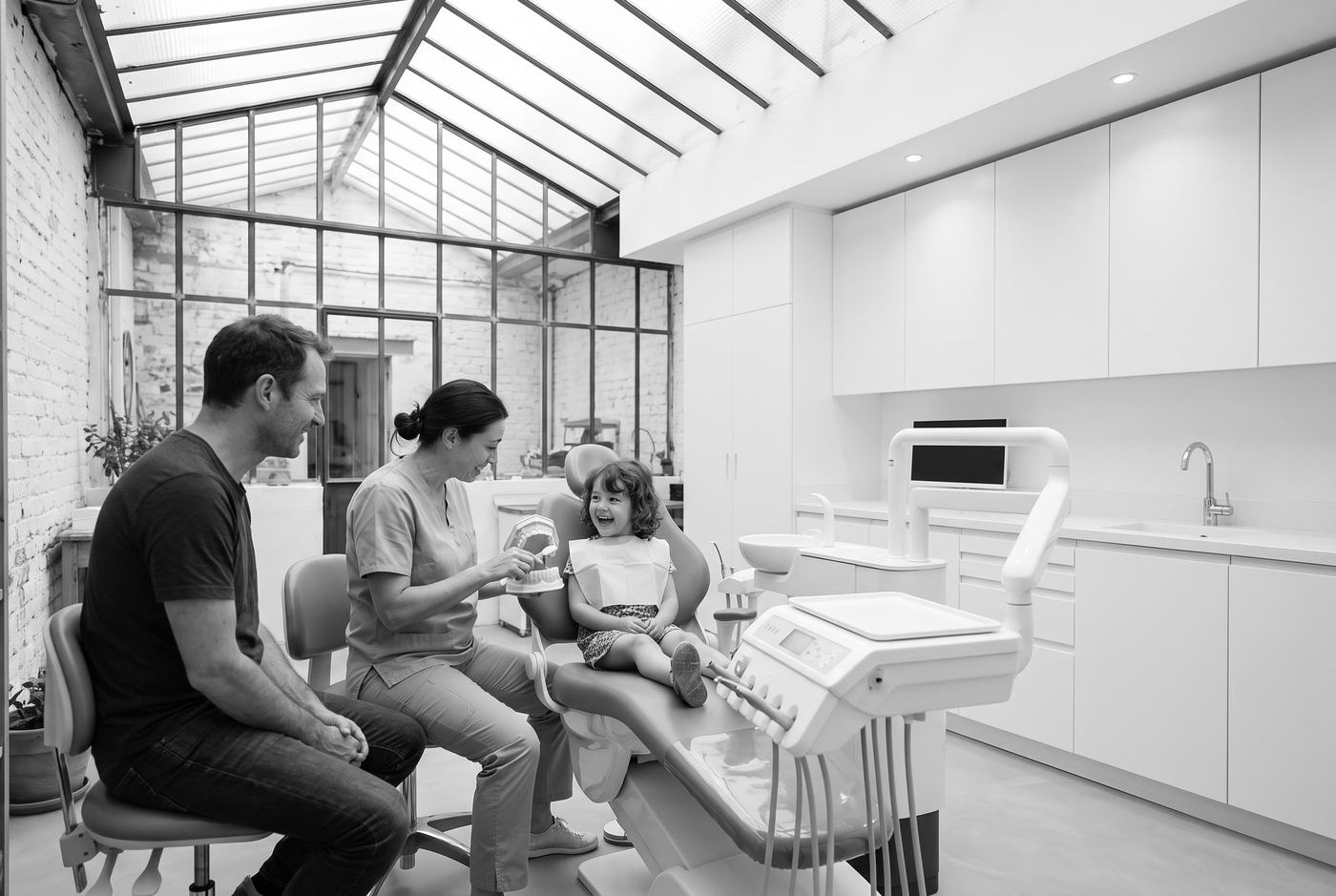 Le Dr Inès Vautrin montre à une petite fille, sur une maquette, comment se brosser les dents ; son père sourit à côté
