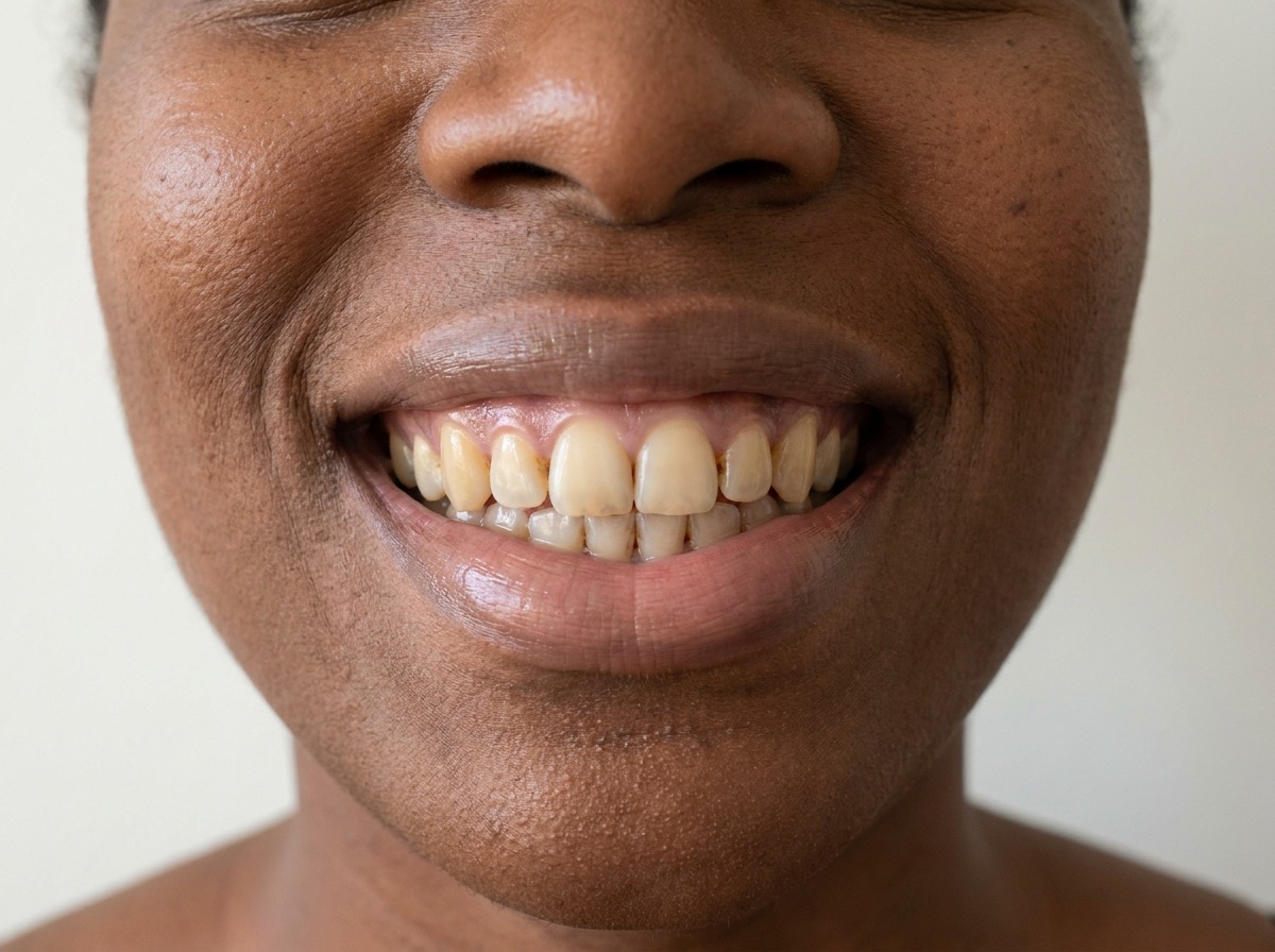 Avant : des dents jaunies, plus sombres près des gencives