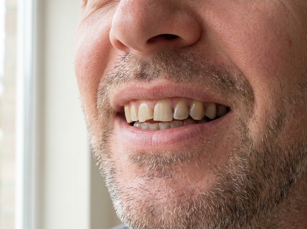 Avant : des dents de devant usées, raccourcies, une incisive ébréchée