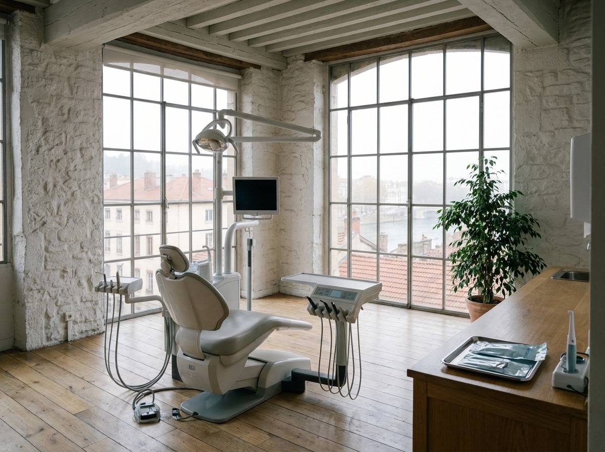 Salle de soins du cabinet dentaire, devant une grande fenêtre avec vue sur les toits de Lyon.
