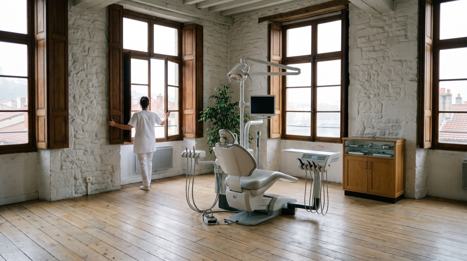 La grande salle de soins le matin, fenêtres ouvertes sur les toits.