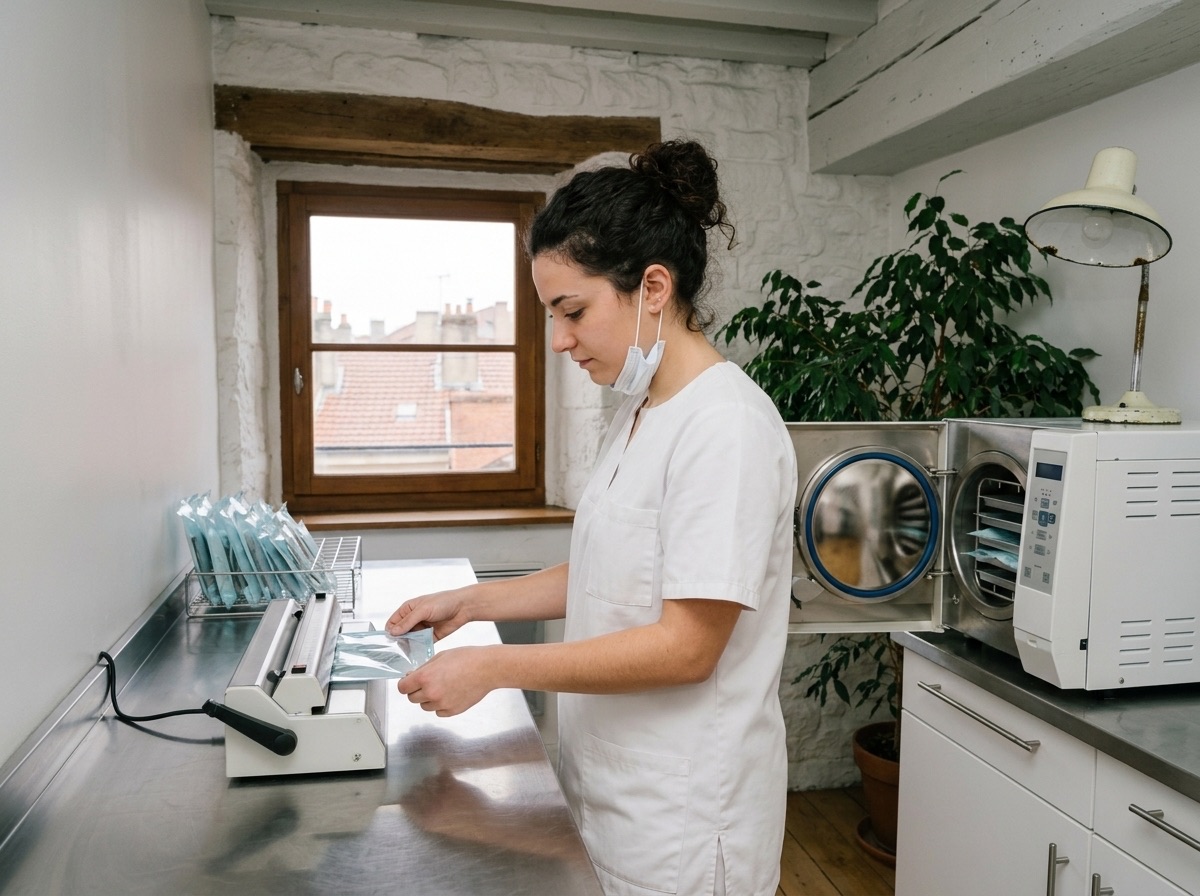 La salle de stérilisation : autoclave et sachets d’instruments scellés.
