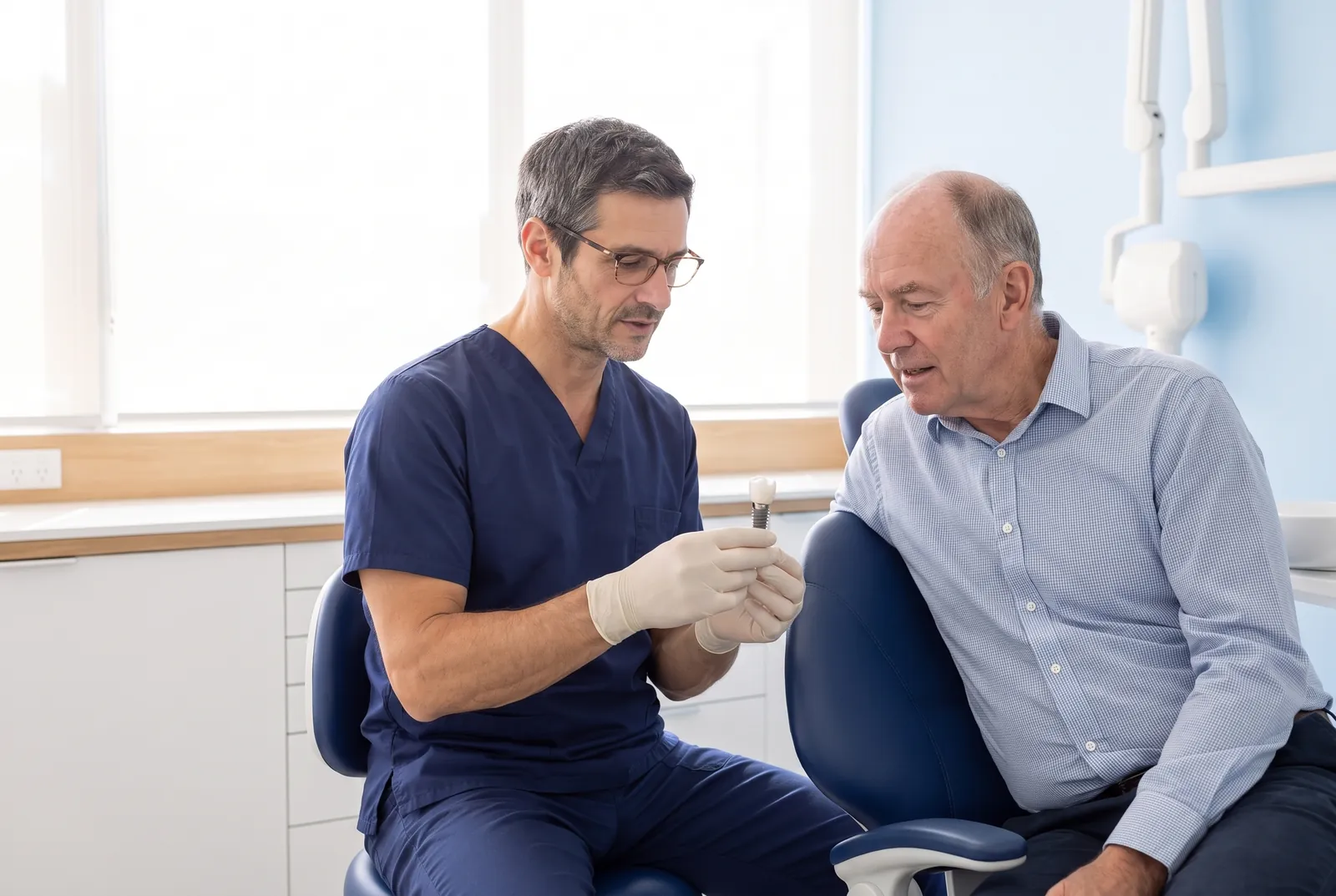 Le Dr Adrien Castel montre à un patient, assis au fauteuil, un implant surmonté de sa couronne