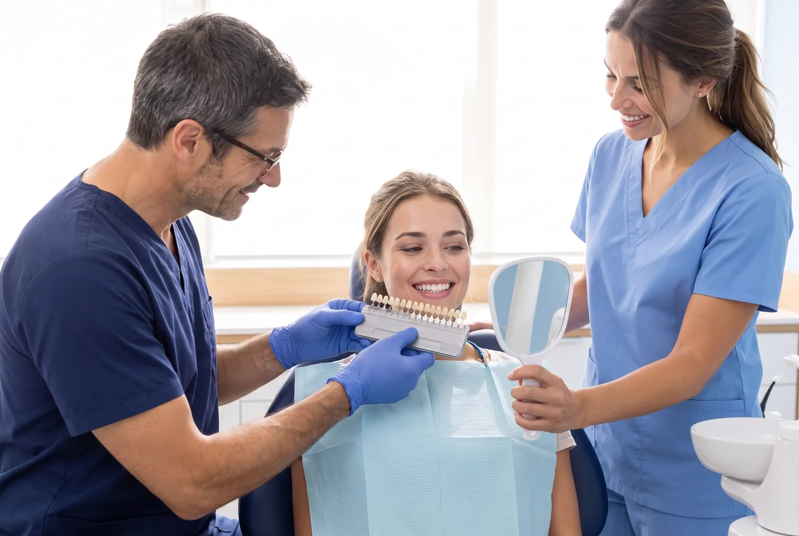 Le Dr Adrien Castel compare la teinte des dents d'une patiente avec un nuancier ; Nina lui tend un miroir