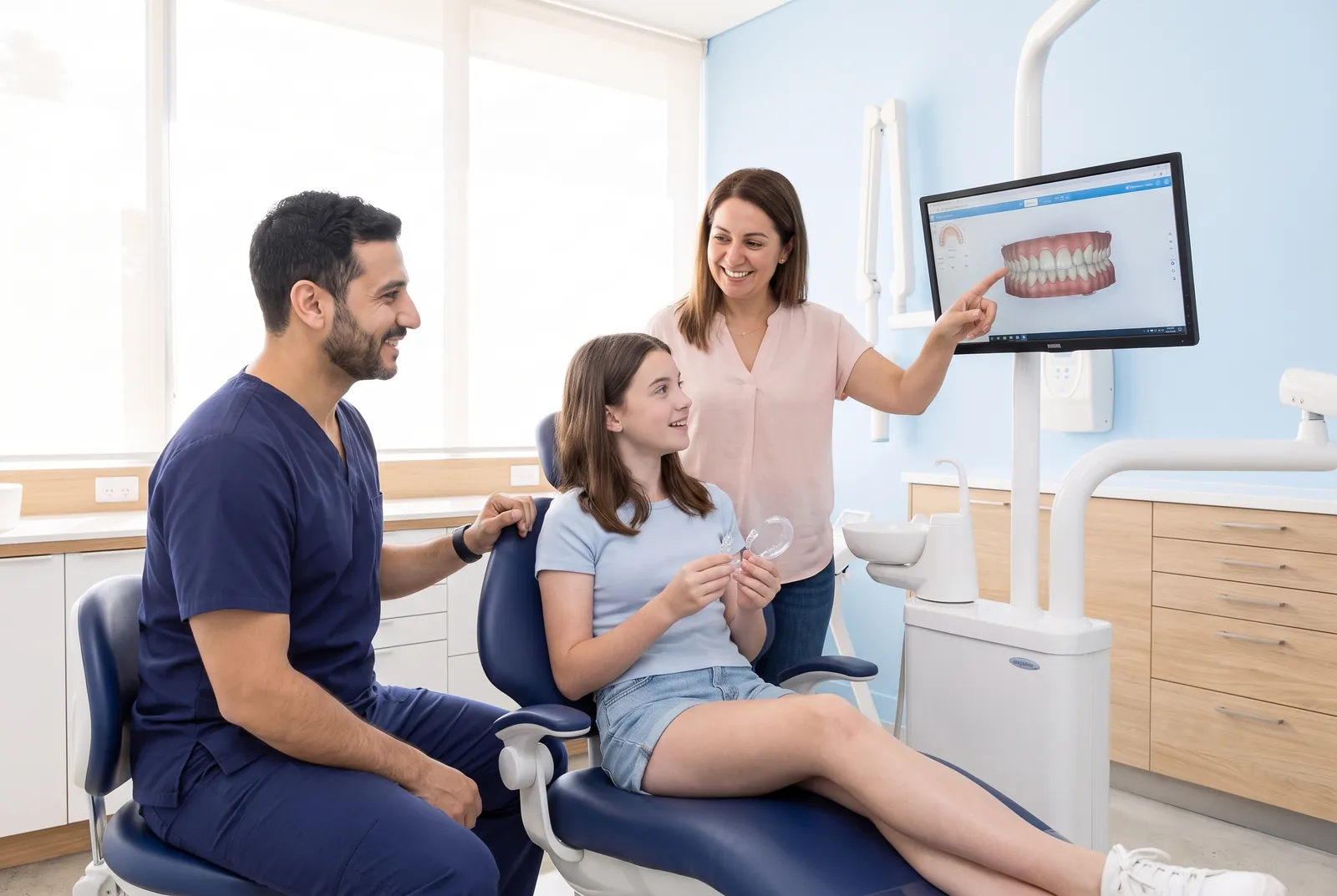 Le Dr Mehdi Laroussi avec une adolescente qui tient sa gouttière ; sa mère montre l'empreinte 3D des dents à l'écran