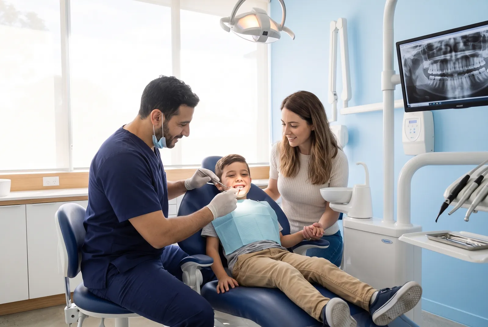 Le Dr Mehdi Laroussi examine les dents d'un petit garçon, qui sourit ; sa mère, assise à côté, lui tient la main