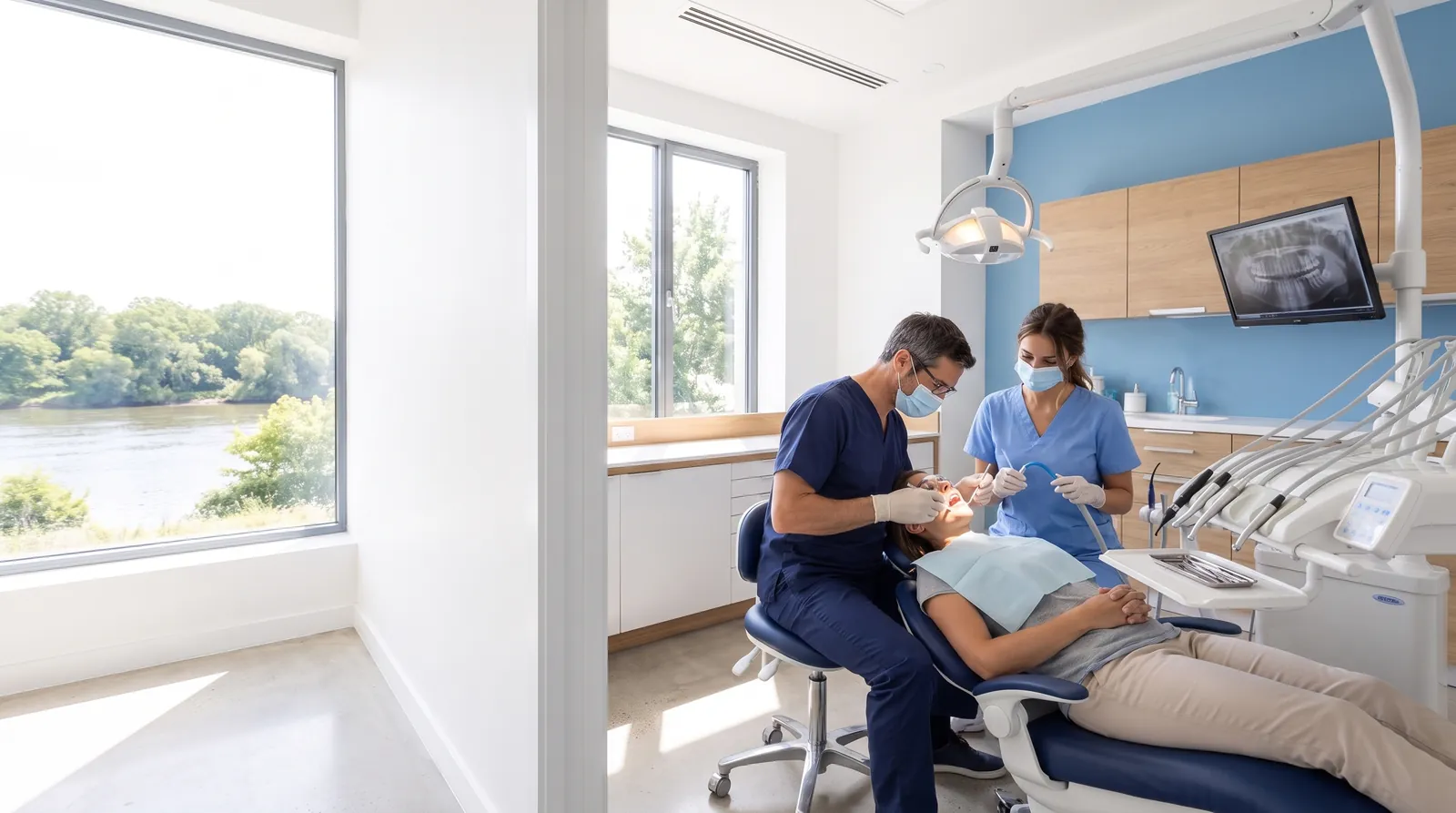 Une salle de soins du cabinet, fenêtre sur la Marne : le Dr Adrien Castel soigne une patiente, Nina l'assiste