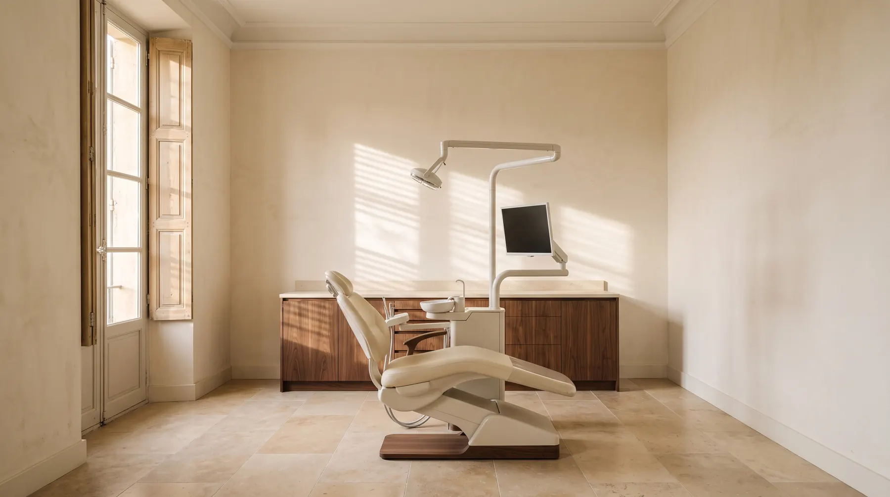 Salle de soins du cabinet : fauteuil crème, meuble en noyer, lumière qui passe par les volets