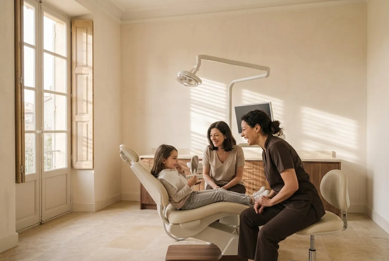 Le Dr Fabre rit avec une petite fille qui regarde ses dents dans un miroir, sa mère à côté