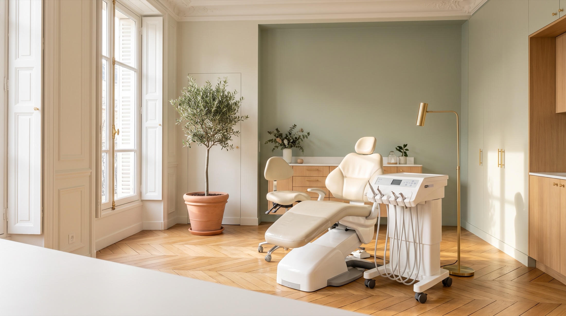 La salle de soins du cabinet : un fauteuil ivoire face à une grande fenêtre, parquet en chevrons et moulures.