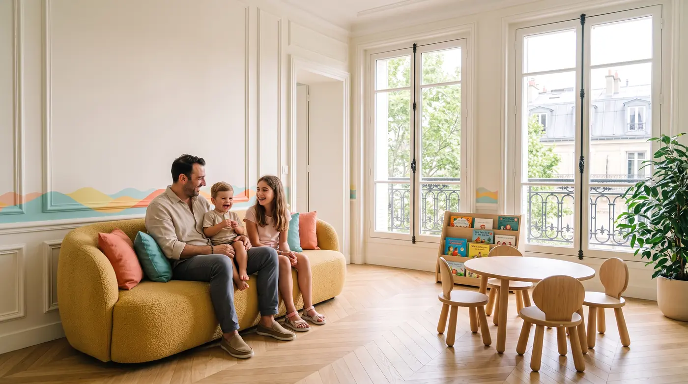 Un papa et ses deux enfants rient sur le canapé jaune de la salle d’attente, devant les grandes fenêtres.