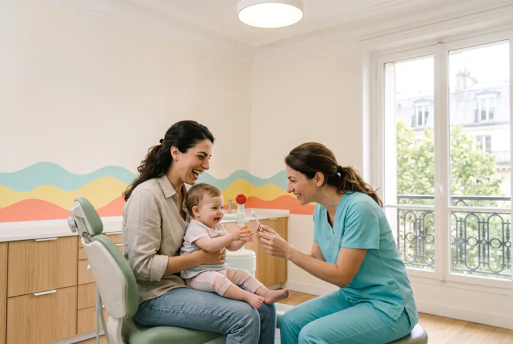 La pédodontiste montre une petite brosse à dents à un bébé d’un an, sur les genoux de sa maman.