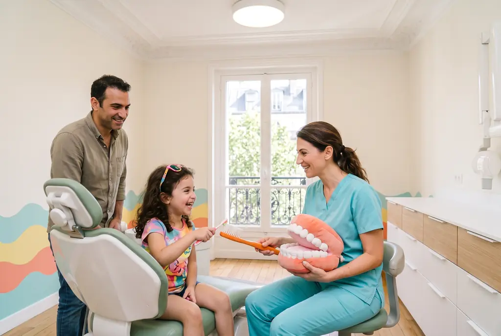 Une petite fille de cinq ans apprend à se brosser les dents avec une mâchoire en peluche, avec la pédodontiste et son papa.