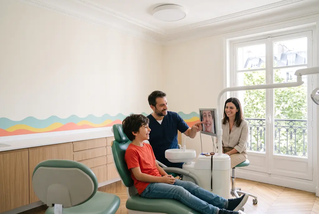 Un garçon de neuf ans découvre son sourire à l’écran, avec le pédodontiste et sa maman.