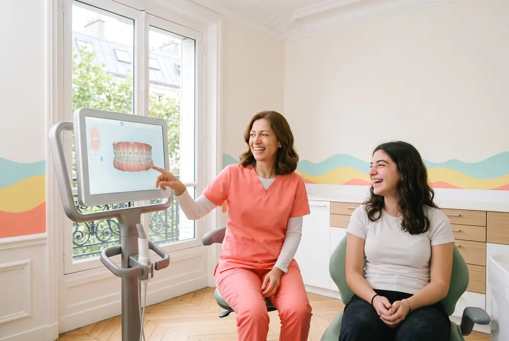 Une adolescente avec des bagues transparentes rit avec l’orthodontiste, qui lui montre ses dents en 3D à l’écran.
