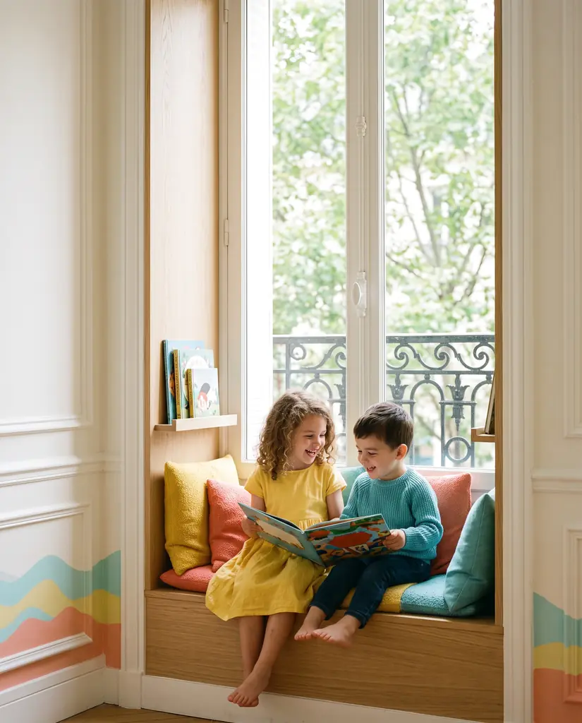 Deux enfants lisent un album dans le coin lecture de la salle d’attente.