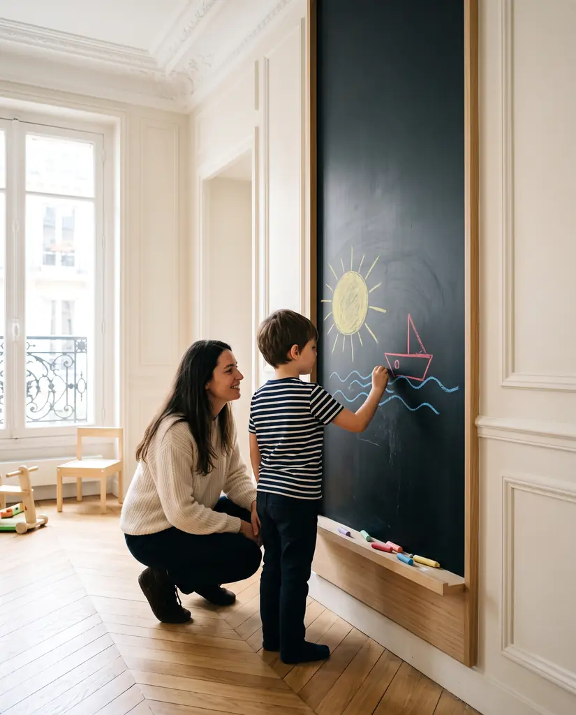 Un garçon dessine à la craie sur le grand tableau, à côté de sa maman.