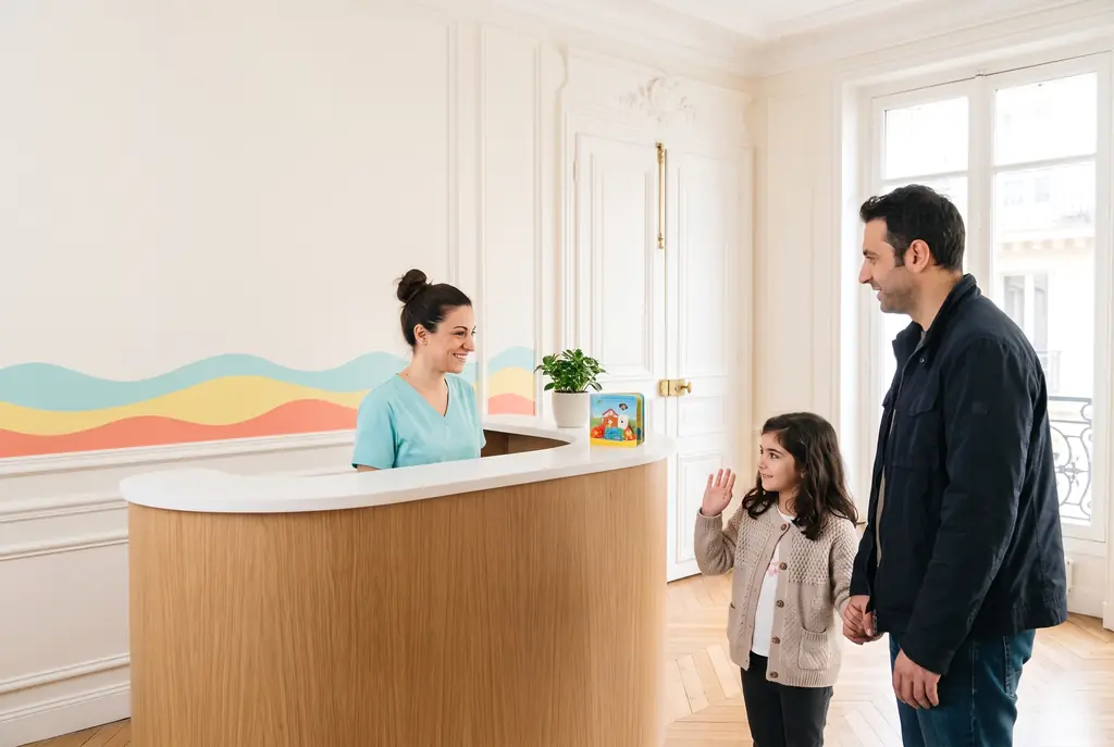 L’assistante accueille un papa et sa fille au comptoir en chêne de l’entrée.