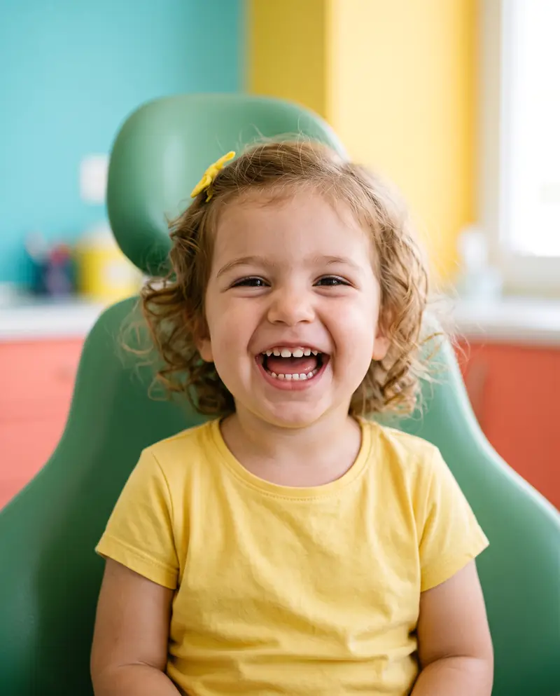 Une petite fille de deux ans sourit largement et montre ses premières dents.