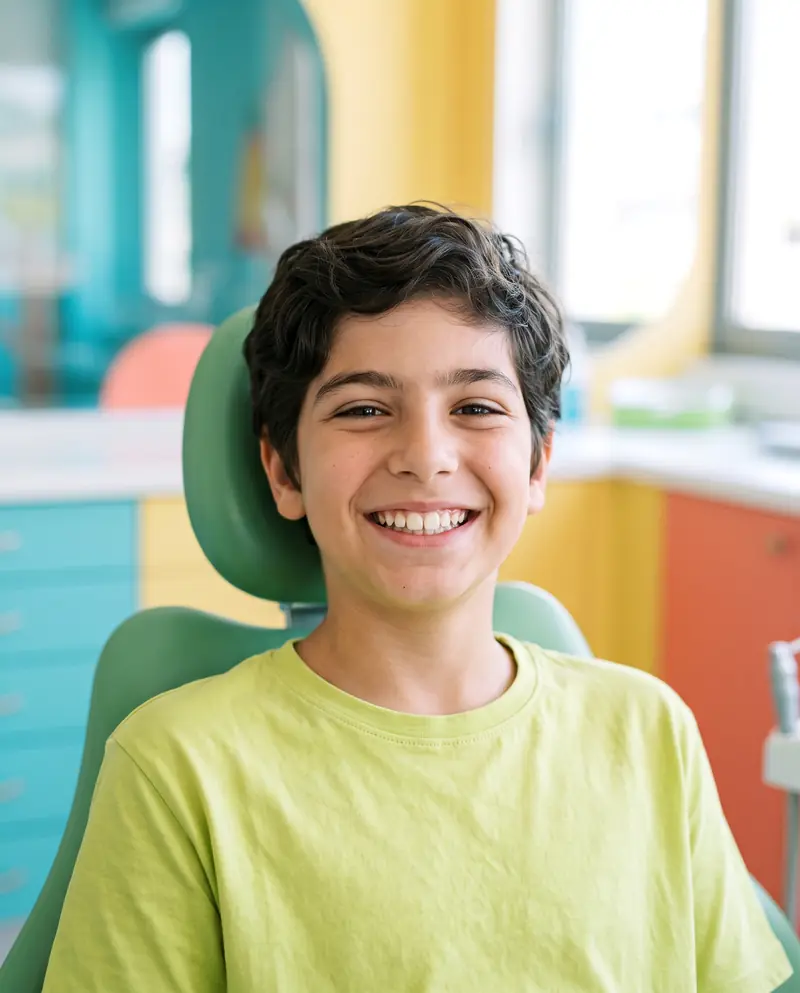 Un garçon de douze ans sourit avec ses nouvelles dents définitives.