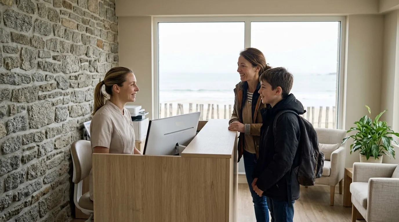L’accueil du cabinet&nbsp;: mur de granit, bureau en chêne, Nolwenn reçoit une mère et son fils