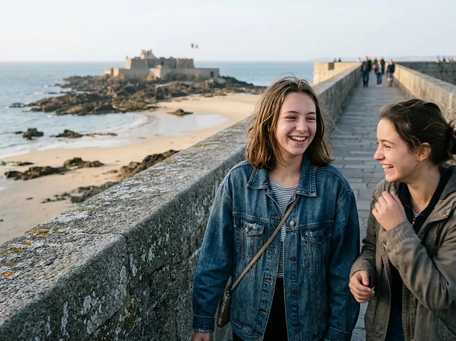 Une adolescente rit avec une amie sur les remparts de Saint-Malo