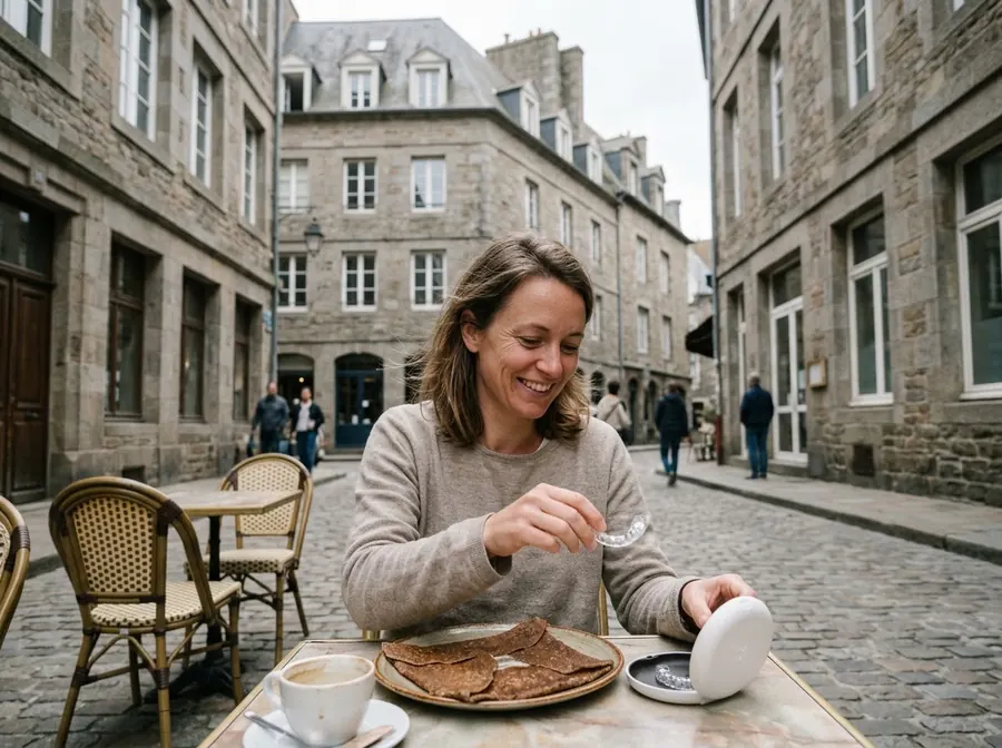 Dans une rue d’Intra‑Muros, une femme range sa gouttière dans sa boîte avant de boire son café