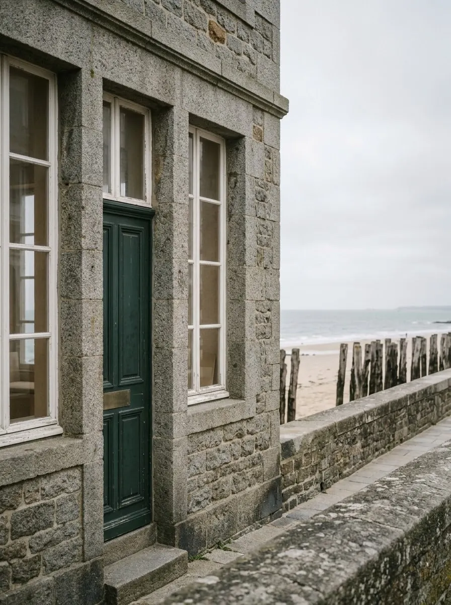 La façade en granit de l’immeuble, chaussée du Sillon