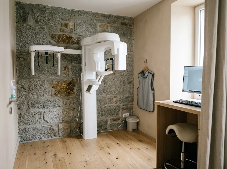 L’appareil de radiographie panoramique du cabinet, devant un mur de granit