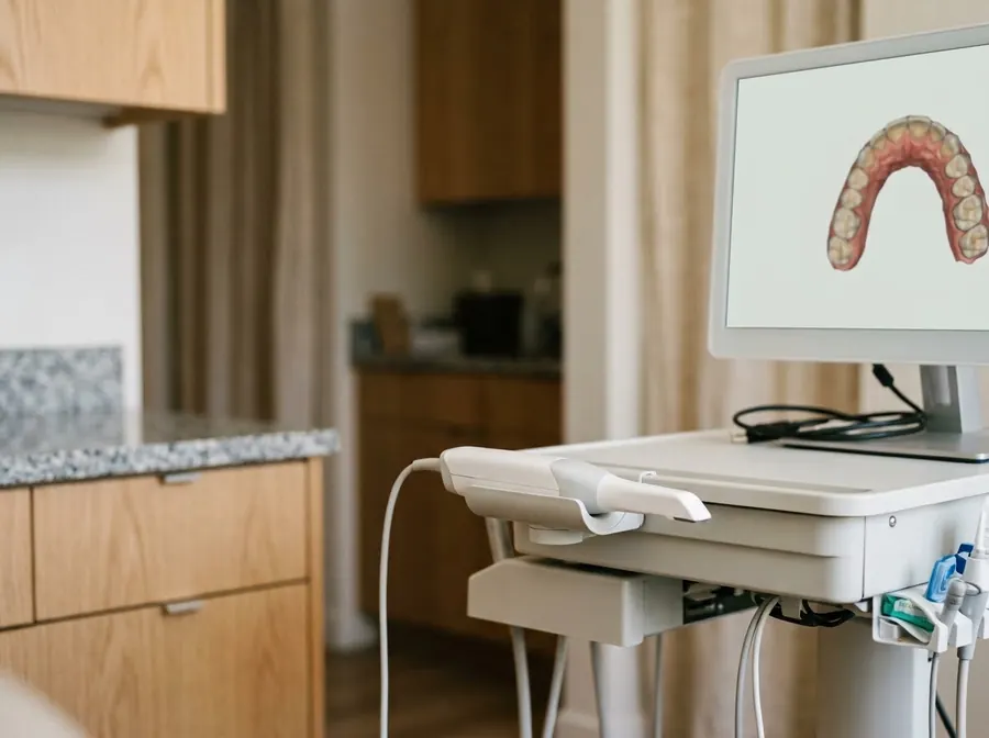 Le scanner intra-oral posé sur son support, à côté de l’écran qui affiche une arcade en 3D