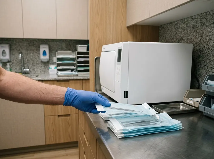 La salle de stérilisation : autoclave et sachets d’instruments scellés