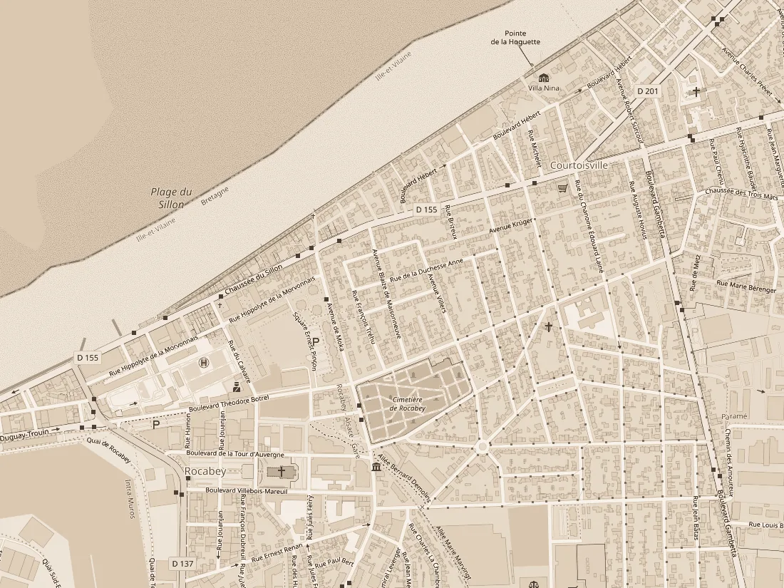 Plan du quartier du Sillon à Saint-Malo, le cabinet est sur la chaussée du Sillon, face à la plage