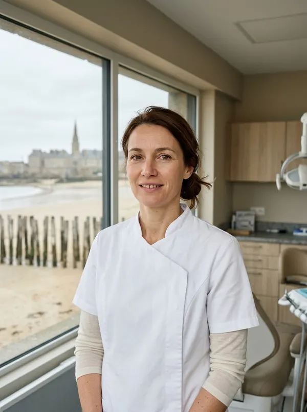 Le Dr Clémence Hamon dans son cabinet, la plage du Sillon derrière la fenêtre