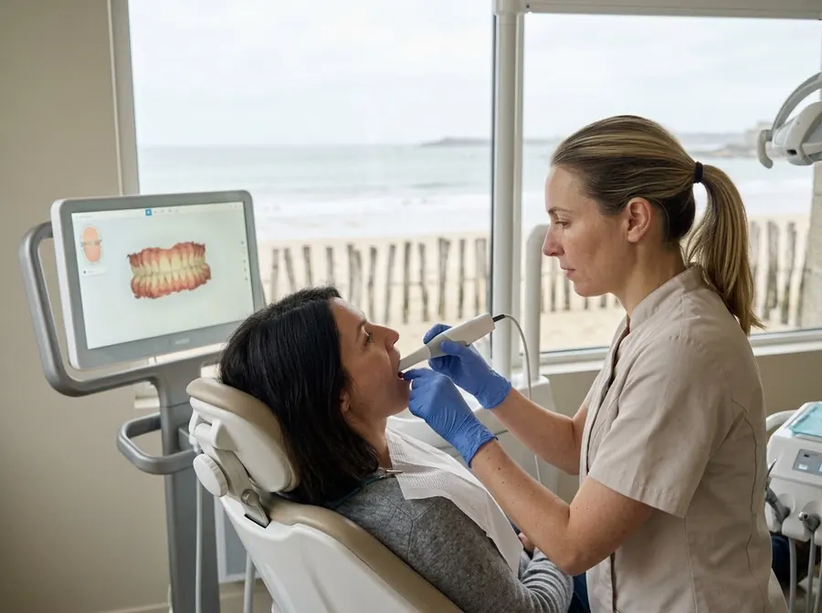 Nolwenn passe le scanner intra-oral, le modèle 3D des dents se construit sur l’écran