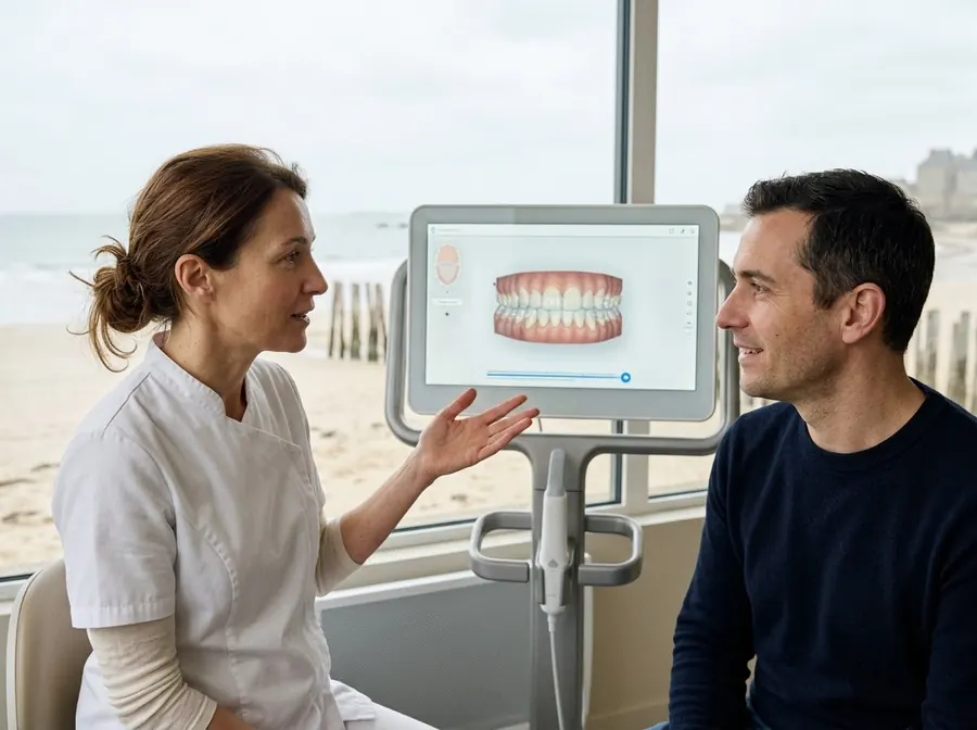Le Dr Hamon montre à un patient la simulation 3D de son traitement sur un grand écran