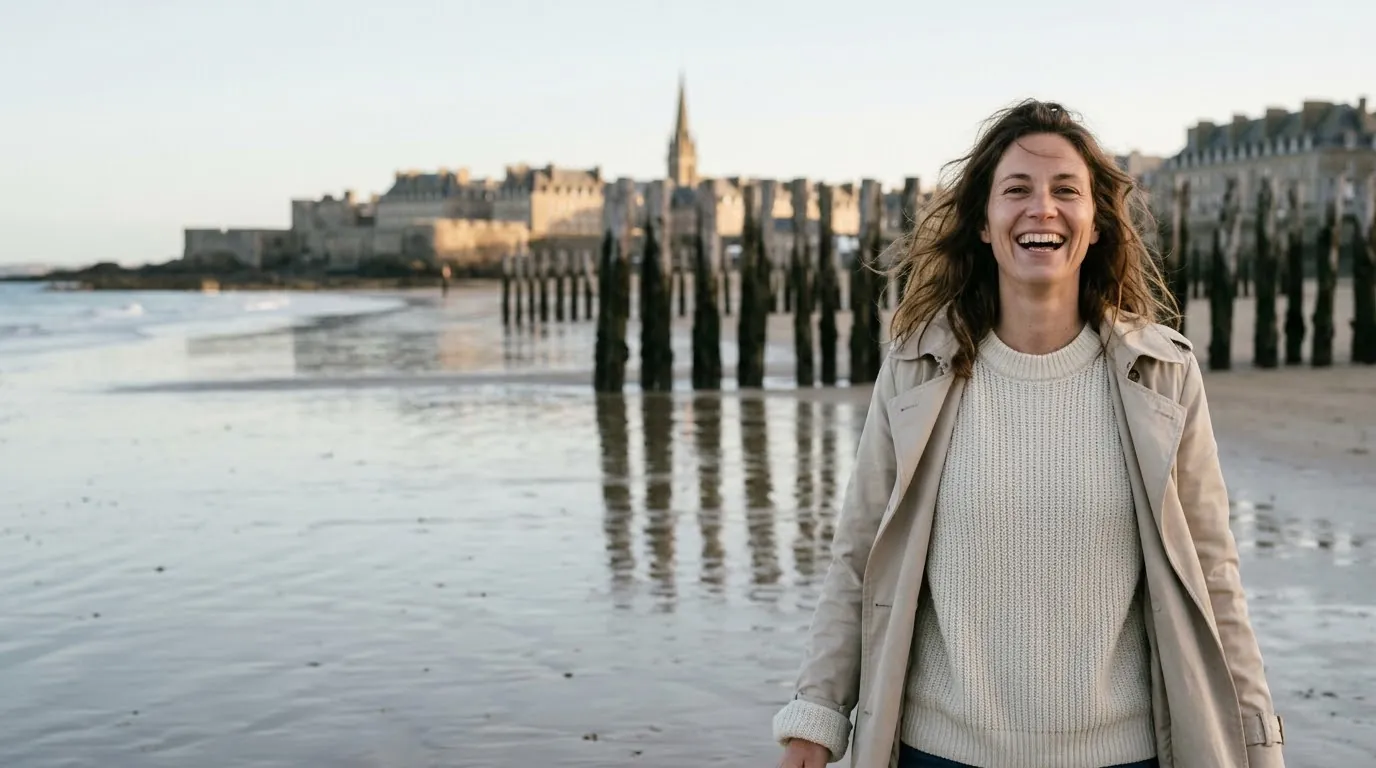 Une femme rit en marchant sur la plage du Sillon, les brise-lames et les remparts derrière elle