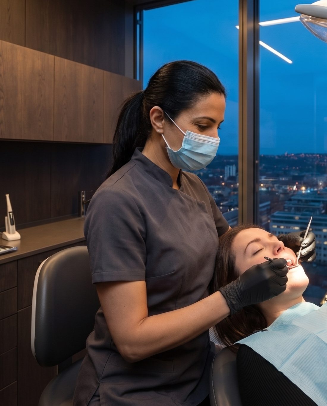 Le Dr Almeida soigne une patiente au fauteuil, face aux lumières du Kirchberg.