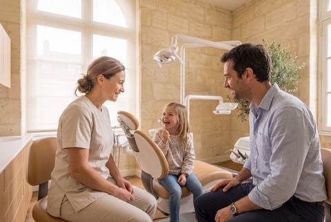 Une petite fille rit au fauteuil, le petit miroir à la main, devant le Dr Brémond et son papa