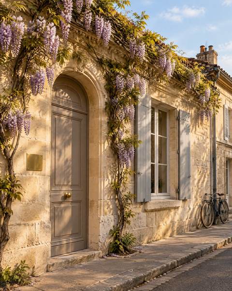 La façade en pierre blonde du cabinet, sous la glycine, dans une rue du quartier Saint-Seurin