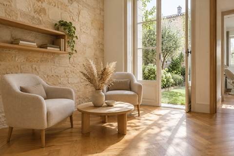 Le salon du cabinet baigné de lumière : fauteuils en lin, parquet de chêne, mur en pierre et porte-fenêtre ouverte sur le jardin